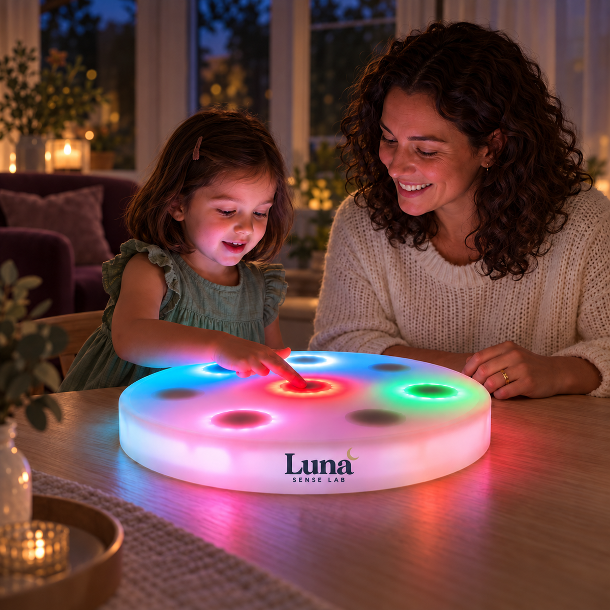 Child exploring the Luna sensory board with an adult