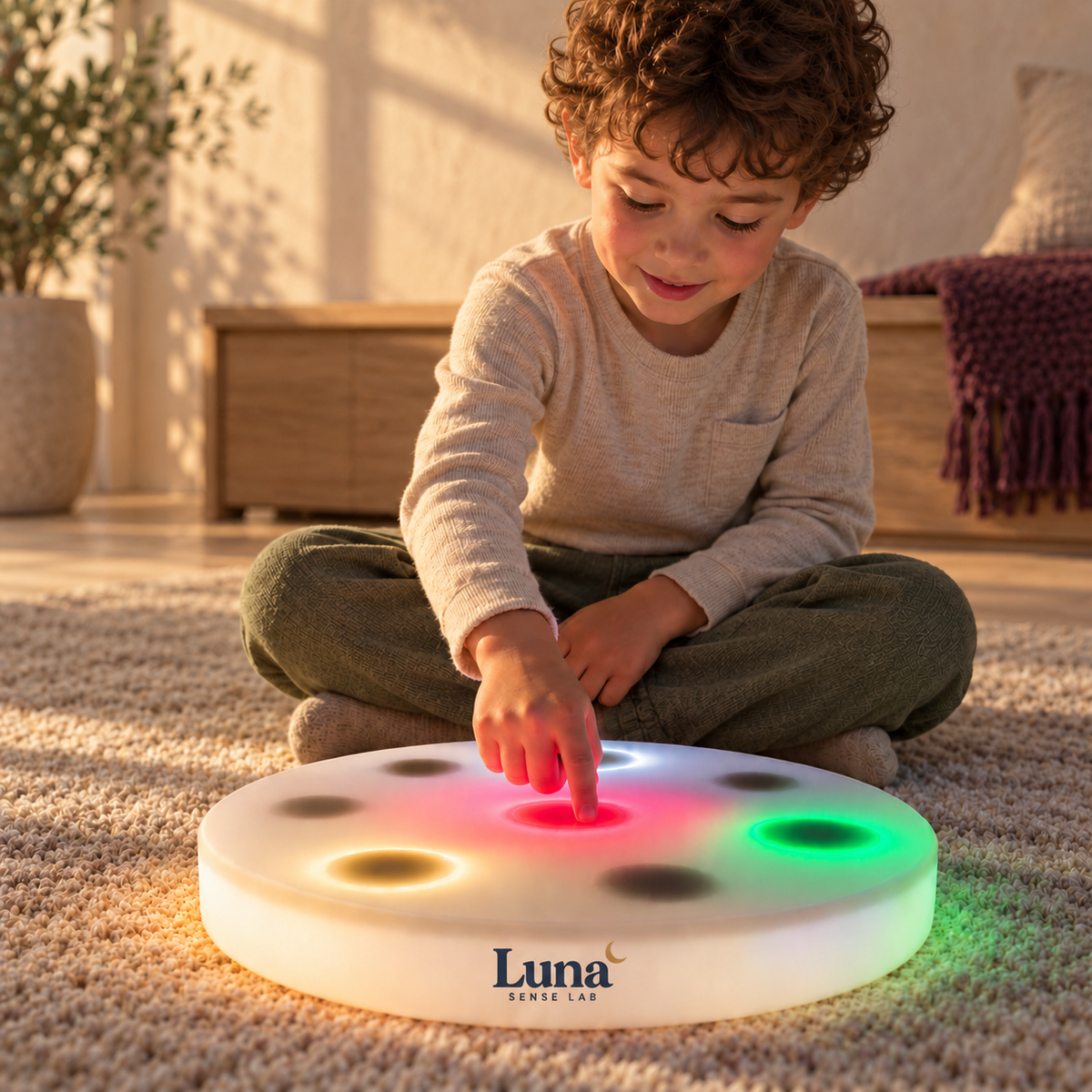 Child exploring the Luna interactive LED sensory board