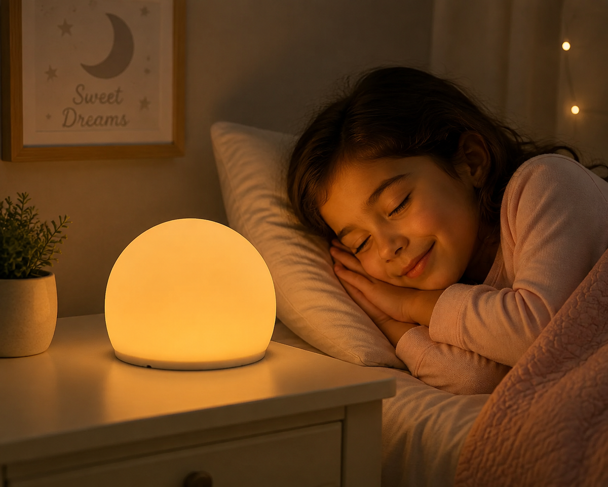Warm white sensory bubble light on a bedside table beside a resting child.
