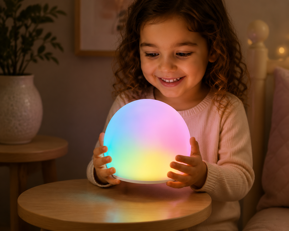 Child holding the sensory bubble light as it glows in pastel colours.