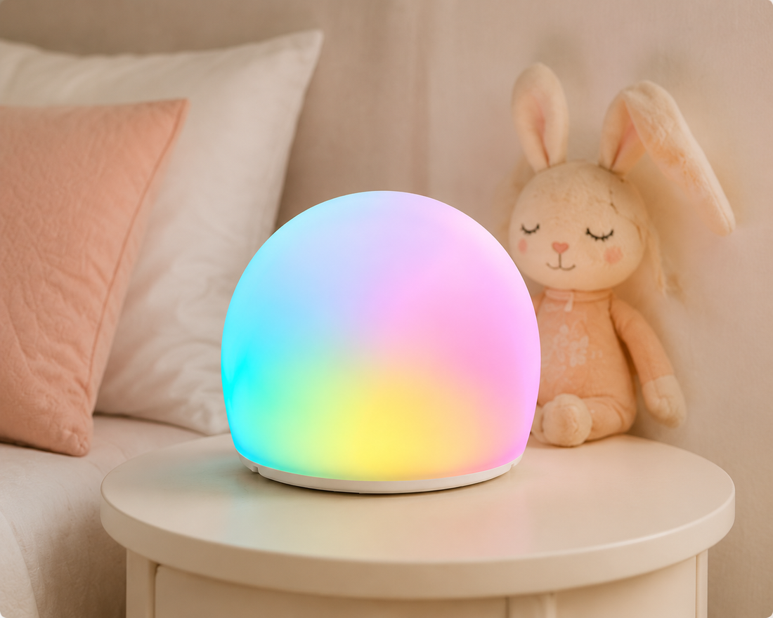 Sensory bubble light on a small table in a soft neutral play corner.